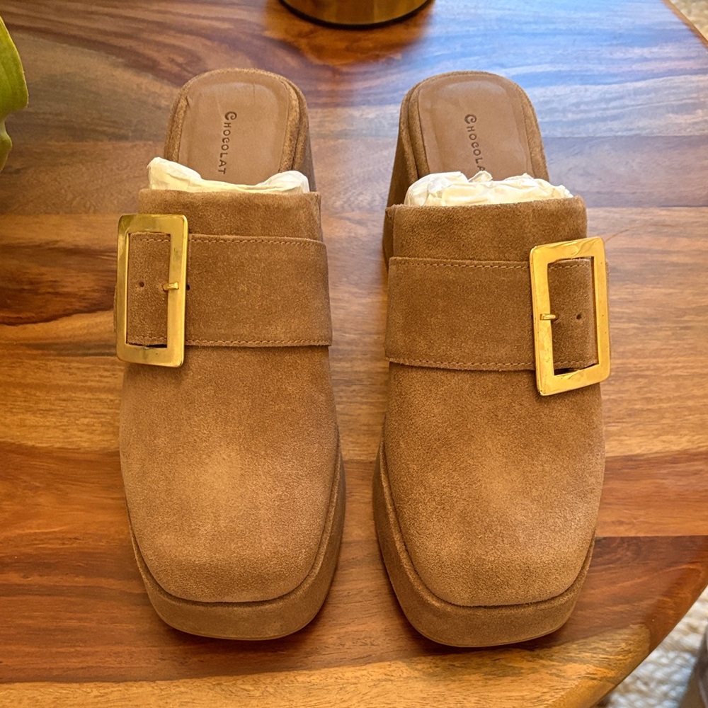 Chocolate Tan Suede Loafers with Gold Buckle